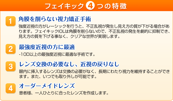 フェイキック4つの特徴�@角膜を削らない視力矯正手術�A最強度近視の方に最適�Bレンズ交換の必要なし、近視の戻りなし�Cオーダーメイドレンズ